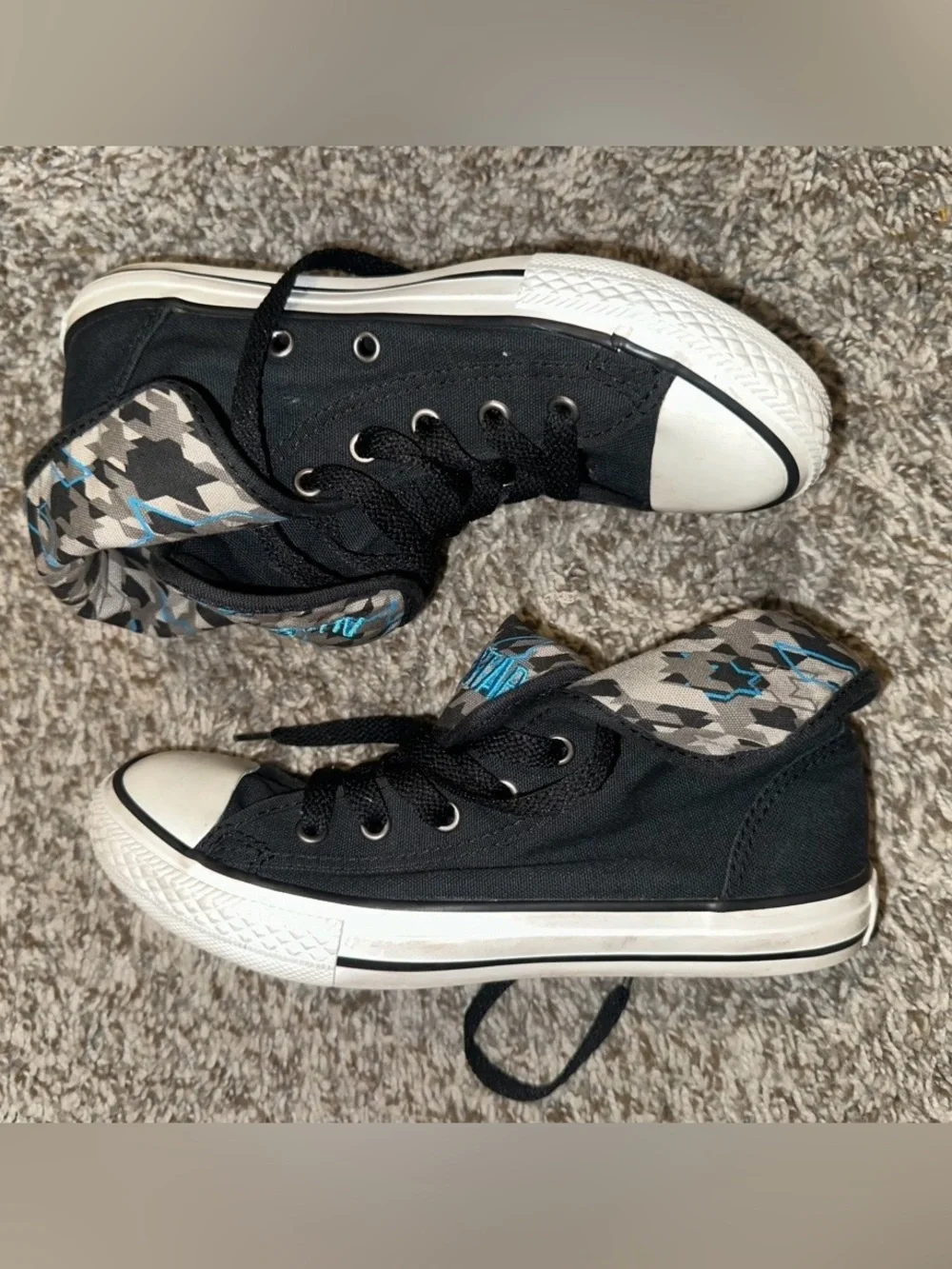 Converse Black High-Top Sneakers with Gray and Blue Camo Lining